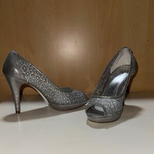 Adrianna Papell Silver Glitter Peep-Toe Heels